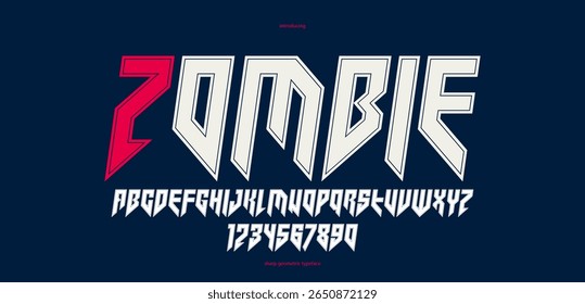 Sharp and bold vector display italic font for logo, gothic or heavy metal style modern typeface, edgy hard rock letters and numbers alphabet for titles or slogans, heavy typography.