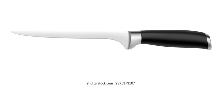 Cuchillo de amargura con mango negro aislado en un fondo blanco. Representación 3d realista, ilustración vectorial. Utensilios de cocina profesional. Burlarse. Vista superior. Cocina.