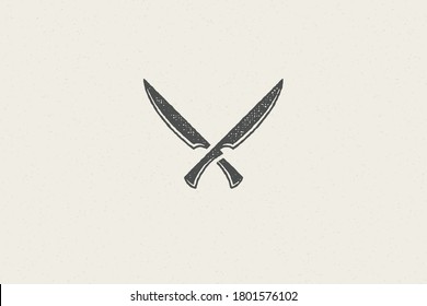 Sharp butcher knives crossed silhouette symbol for meat industry hand drawn stamp effect vector illustration. Vintage grunge texture emblem for butchery packaging and menu design or label decoration.