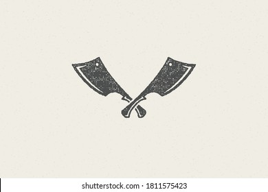 Sharp butcher knives crossed silhouette symbol for meat industry hand drawn stamp effect vector illustration. Vintage grunge texture emblem for butchery packaging and menu design or label decoration.