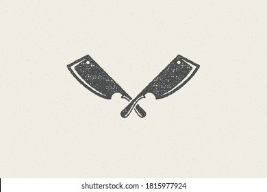 Sharp butcher knives crossed silhouette symbol for meat industry hand drawn stamp effect vector illustration. Vintage grunge texture emblem for butchery packaging and menu design or label decoration.