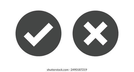 Scharfes Häkchen und Kreuz auf isoliertem weißen Hintergrund Vektorgrafik Symbol für richtige und falsche Auswahl. Modernes flaches Design, Häkchen-Icon-Set. Häkchen rechts Symbol Häkchen