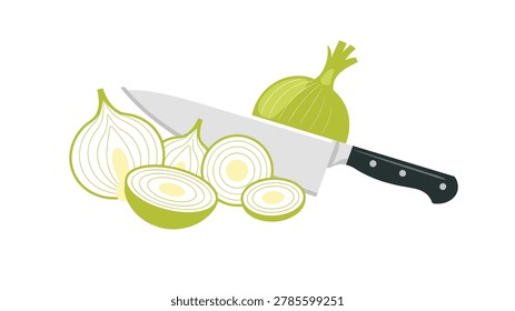 A sharp chef knife is positioned horizontally beside a whole green onion and several thin sliced onion rings on a plain white surface in a flat vector illustration style.