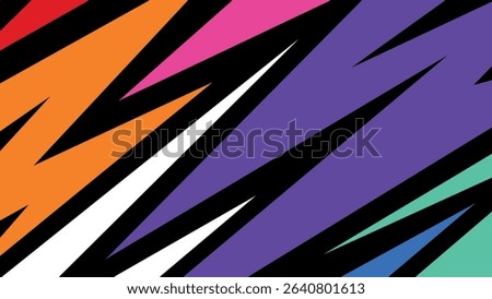 Sharp and colorful background with angled shapes in red, blue, orange, and teal. Energetic and bold design suited for digital artwork and visual pop culture projects.