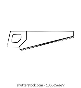 A sharp construction black and white icon of a hand saw, a hacksaw with teeth and a handle for cutting wood. Construction tool. Vector illustration.