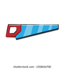 A sharp construction blue and red hand saw icon, a wood saw with a metal blade with prongs and a handle for cutting wood. Construction tool. Vector illustration.
