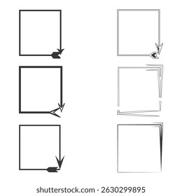 Quadros curvos afiados. Contornos quadrados minimalistas. Ênfase em forma de seta. Estilo preto e branco.