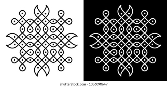 Sharp Corners, Circles and dots - Indian Traditional and Cultural Rangoli, Alpona, Kolam or Paisley vector line art with dark and white background
