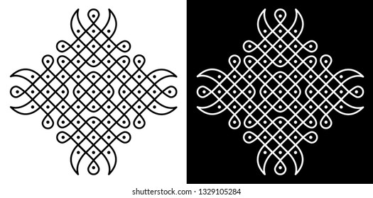 Sharp Corners, Circles, Squares and 11X11 Dots - Indian Traditional and Cultural Rangoli, Alpona, Kolam or Paisley Vector Line art with dark and white background