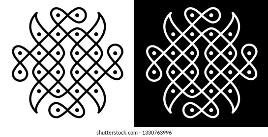 Sharp Corners, Circles, Squares and dots - Indian Traditional and Cultural Rangoli, Alpona, Kolam or Paisley vector line art with dark and white background