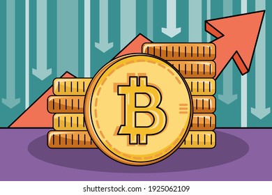 Sharp correction in Bitcoin. Falling bitcoin capitalization and bear market. Stack of bitcoin coins, background of a red arrow and a falling market arrows. Vector bitcoin trendy illustration.
