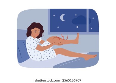 Sharp cramp woke up woman, clutching at leg lying in bed, experiencing stabbing pain prevented from sleeping. Problem of night cramps worries teenage girl lying near window overlooking starry sky.