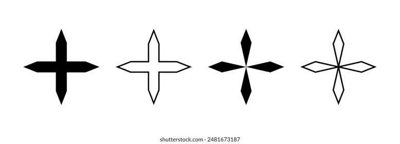 Sharp cross icon set, divided crosses, cross symbol, outline shape