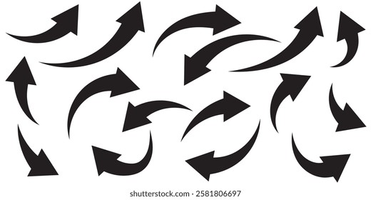 Sharp curved arrow icon set. Black rounded arrow. Direction pointer pointing up	