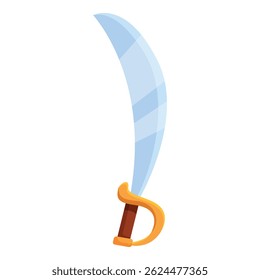 Sharp curved sword with golden handle is standing upright, resembling a pirate cutlass
