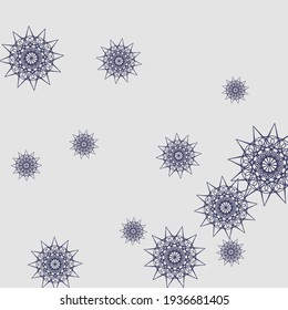 Sharp Dark Night Print Winter Sky Background. Chaotic Snowflakes Silver Cold Violet Composition. White Luxury Grey Stars Mandala Background. Metalic New Year Mystery Christmas Purple Ornament.