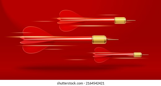 Sharp darts flying towards goal. Three darts arrow with gold tip. Realistic motion effect. Accuracy shooting vector illustration isolated on red background. Business and targeting concept