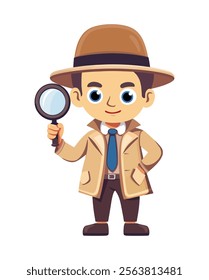 A sharp detective character holding a magnifying glass, dressed in a beige trench coat and tie, showcasing curiosity and intelligence in a playful cartoon style