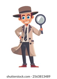 A sharp detective character holding a magnifying glass, dressed in a beige trench coat and tie, showcasing curiosity and intelligence in a playful cartoon style