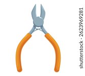Sharp diagonal cutting pliers with orange handles isolated on white background, useful tool for cutting wires and cables