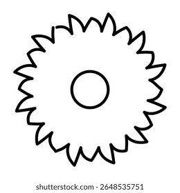 Sharp disc for saw thin line icon, forest industry concept. Vector graphics. Round disk of sharp saw, wood sawing sign on white background, style mobile or design