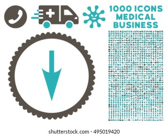 Sharp Down Arrow icon with 1000 medical commerce grey and cyan vector pictographs. Design style is flat bicolor symbols, white background.