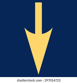 Sharp Down Arrow icon from Primitive Set. This isolated flat symbol is drawn with yellow color on a blue background.