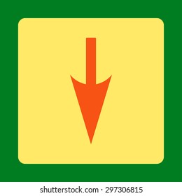 Sharp Down Arrow icon from Primitive Buttons OverColor Set. This rounded square flat button is drawn with orange and yellow colors on a green background.