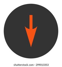 Sharp Down Arrow icon from Primitive Round Buttons OverColor Set. This round flat button is drawn with orange and gray colors on a white background.