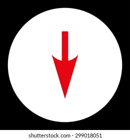 Sharp Down Arrow icon from Primitive Round Buttons OverColor Set. This round flat button is drawn with red and white colors on a black background.