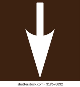Sharp Down Arrow icon from Primitive Set. This isolated flat symbol is drawn with white color on a brown background.