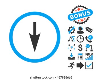 Sharp Down Arrow pictograph with bonus pictograph collection. Vector illustration style is flat iconic bicolor symbols, blue and gray colors, white background.