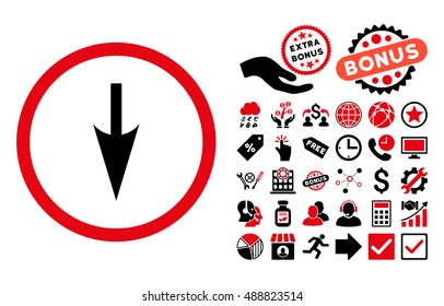 Sharp Down Arrow pictograph with bonus pictogram. Vector illustration style is flat iconic bicolor symbols, intensive red and black colors, white background.