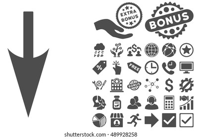 Sharp Down Arrow pictograph with bonus symbols. Vector illustration style is flat iconic symbols, gray color, white background.