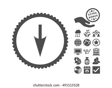 Sharp Down Arrow pictograph with bonus pictogram. Vector illustration style is flat iconic symbols, gray color, white background.