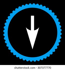 Sharp Down Arrow round stamp icon. This flat vector symbol is drawn with blue and white colors on a black background.