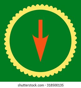 Sharp Down Arrow round stamp icon. This flat vector symbol is drawn with orange and yellow colors on a green background.