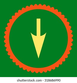 Sharp Down Arrow round stamp icon. This flat vector symbol is drawn with orange and yellow colors on a green background.