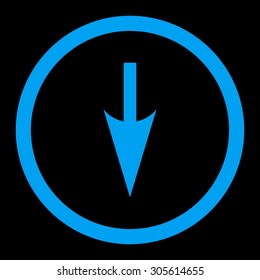 Sharp Down Arrow vector icon. This rounded flat symbol is drawn with blue color on a black background.