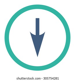 Sharp Down Arrow vector icon. This rounded flat symbol is drawn with cobalt and cyan colors on a white background.
