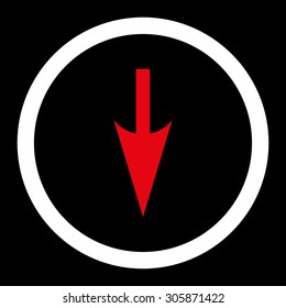 Sharp Down Arrow vector icon. This rounded flat symbol is drawn with red and white colors on a black background.