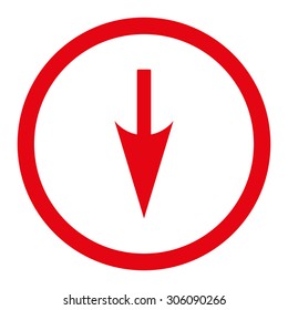 Sharp Down Arrow vector icon. This rounded flat symbol is drawn with red color on a white background.