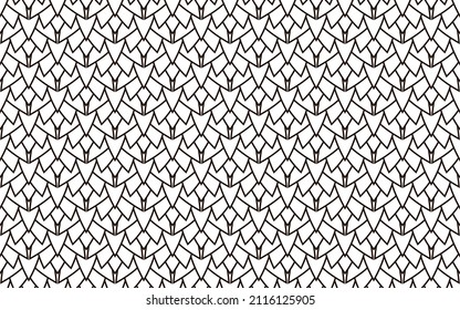 Sharp dragon squama geometric simple seamless pattern. Black and white background or roof texture. Minimal wallpaper. Reptile decorative skin or mermaid tail.