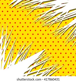 Sharp, edgy abstract shape over popart, polka dot, dotted dutone pattern with shadow. Spiky element with blank white space. Background in square format.