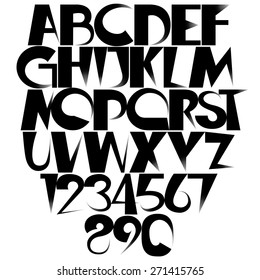 Sharp fading black gradient creative font with letters and numbers. Tapered shapes are constituents of these ornamental objects. 