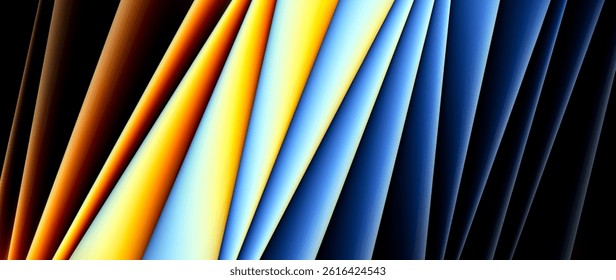 Sharp folds in motion glowing with golden and icy blue. Radiant light bends through flowing geometric folds in dramatic abstract scene full of contrast, motion and bold expression. Vector backdrop