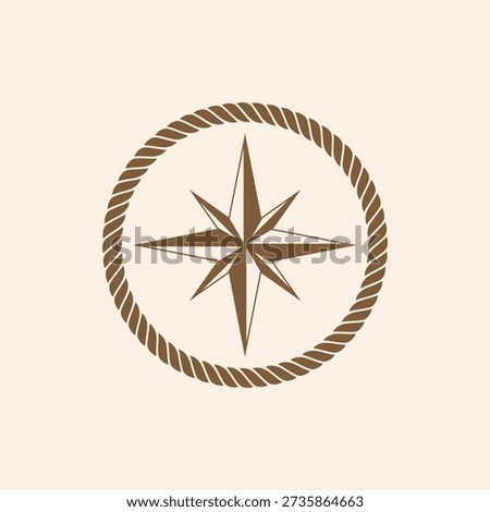 A sharp, four-point nautical star compass rose centered within a thick, textured circular rope border.