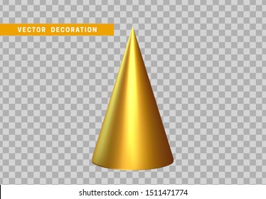 Sharp geometric cone cast volumetric. 3d Geometric Shapes Objects. Realistic geometry elements, color golden gradient. Render Decorative figure for design. vector illustration