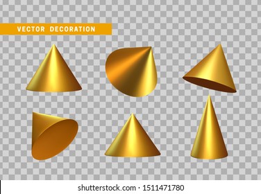 Sharp geometric cone cast volumetric. Set 3d Geometric Shapes Objects. Realistic geometry elements, color golden gradient. Render Decorative figure for design. vector illustration
