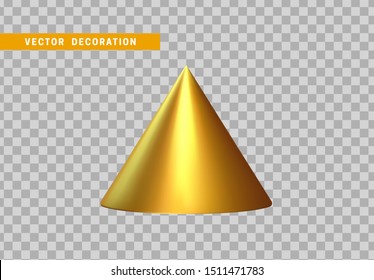 Cone geométrico nítido moldado volumétrico. Objetos de formas geométricas 3d. Elementos de geometria realistas, gradiente de cor dourada. Renderizar figura decorativa para design. ilustração vetorial
